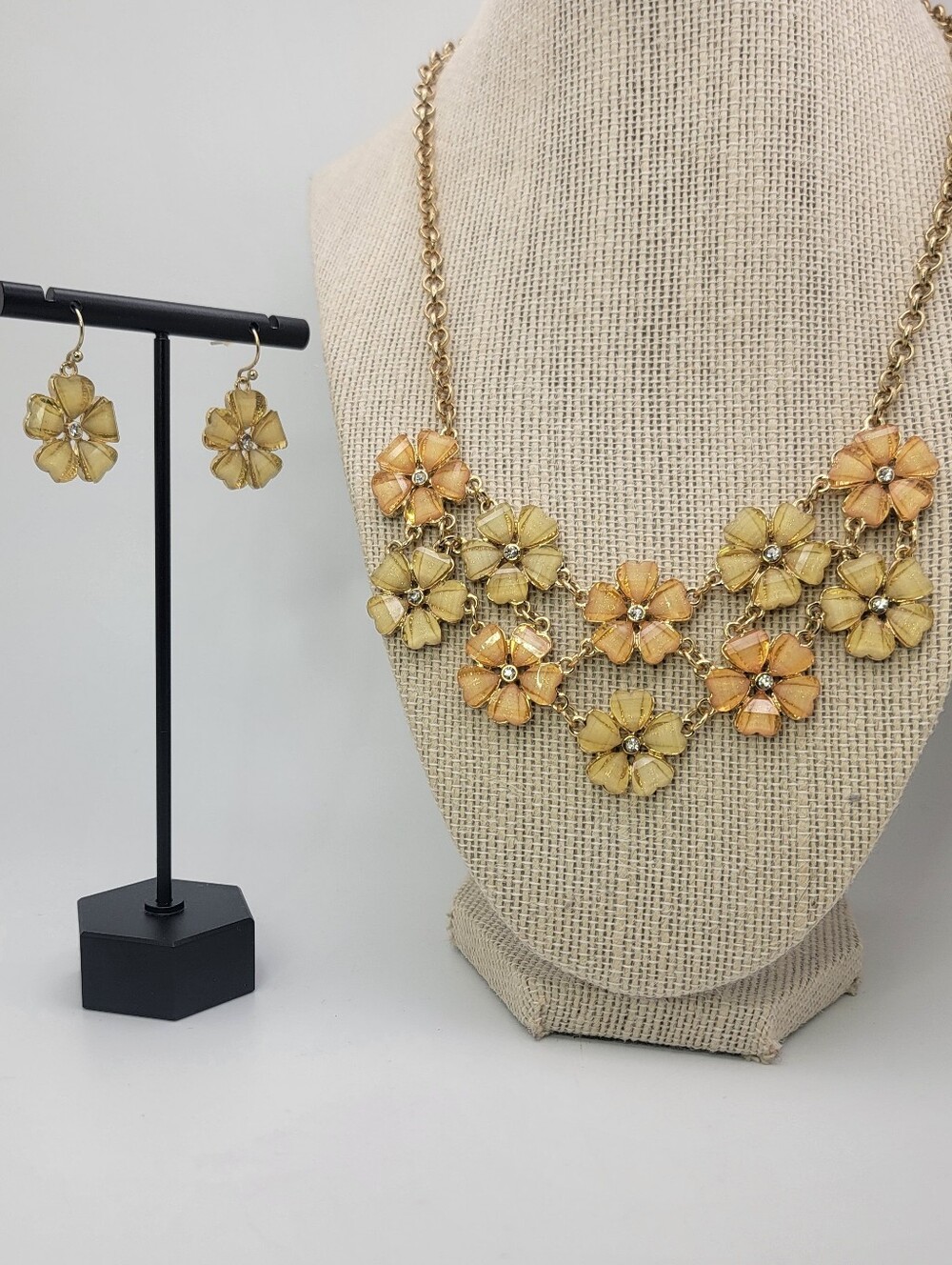 Estate Jewelry Gold-Tone Yellow & Peach Floral Statement Necklace & Earring Set